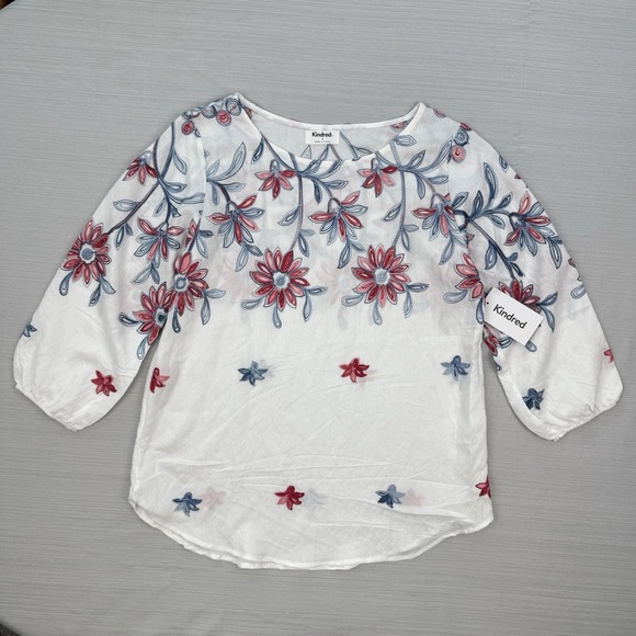 Anthropologie Kindred L White Peasant Blouse Boho Top Embroidered Floral NEW - Picture 2 of 5
